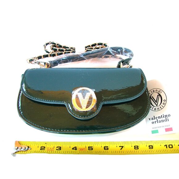 Valentino Orlandi Green Patent Leather Mini Shoulder Bag With Gold Chain Strap & - Picture 3 of 6